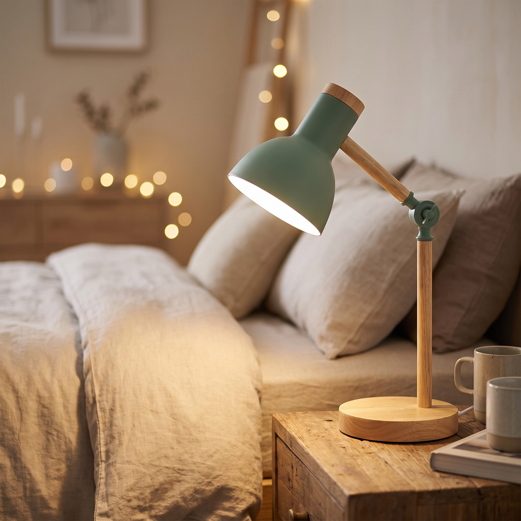Nordic wooden LED table lamp on a nightstand