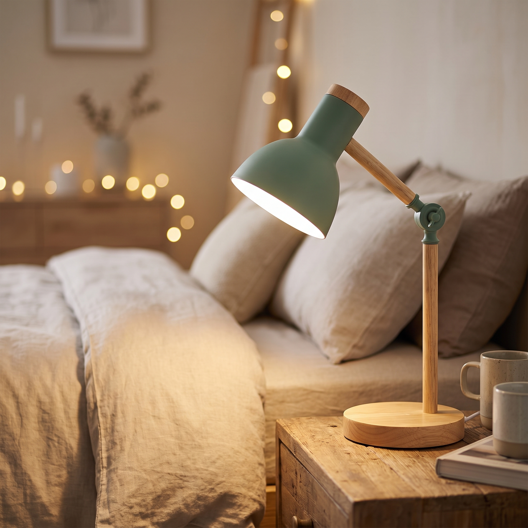 Nordic wooden LED table lamp on a nightstand