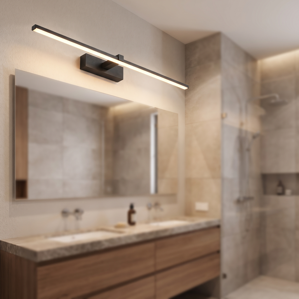 LED bathroom mirror light beside a vanity mirror