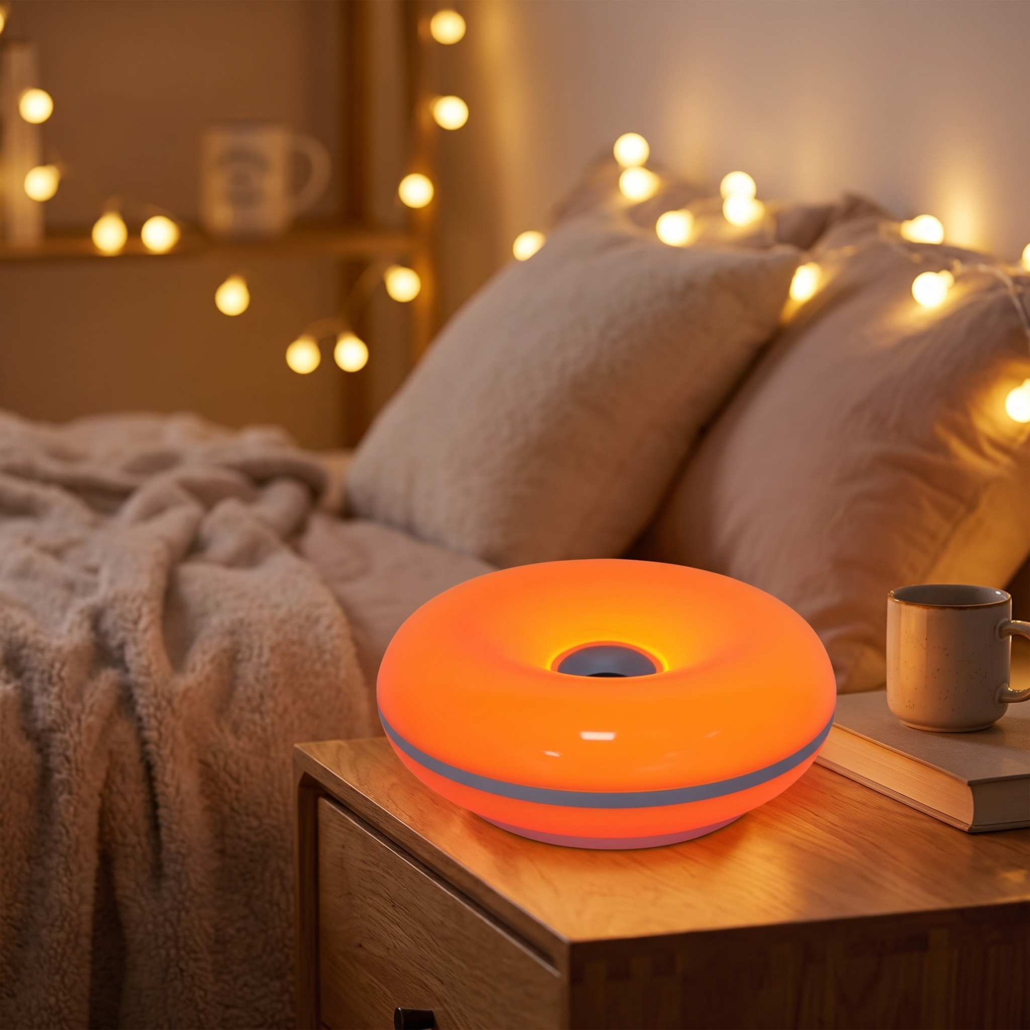 Cute donut LED night light on a nightstand
