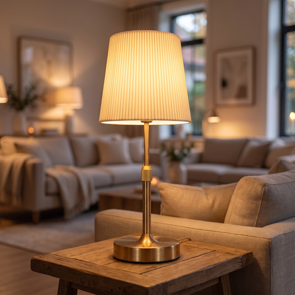 Fabric shade table lamp on a console table