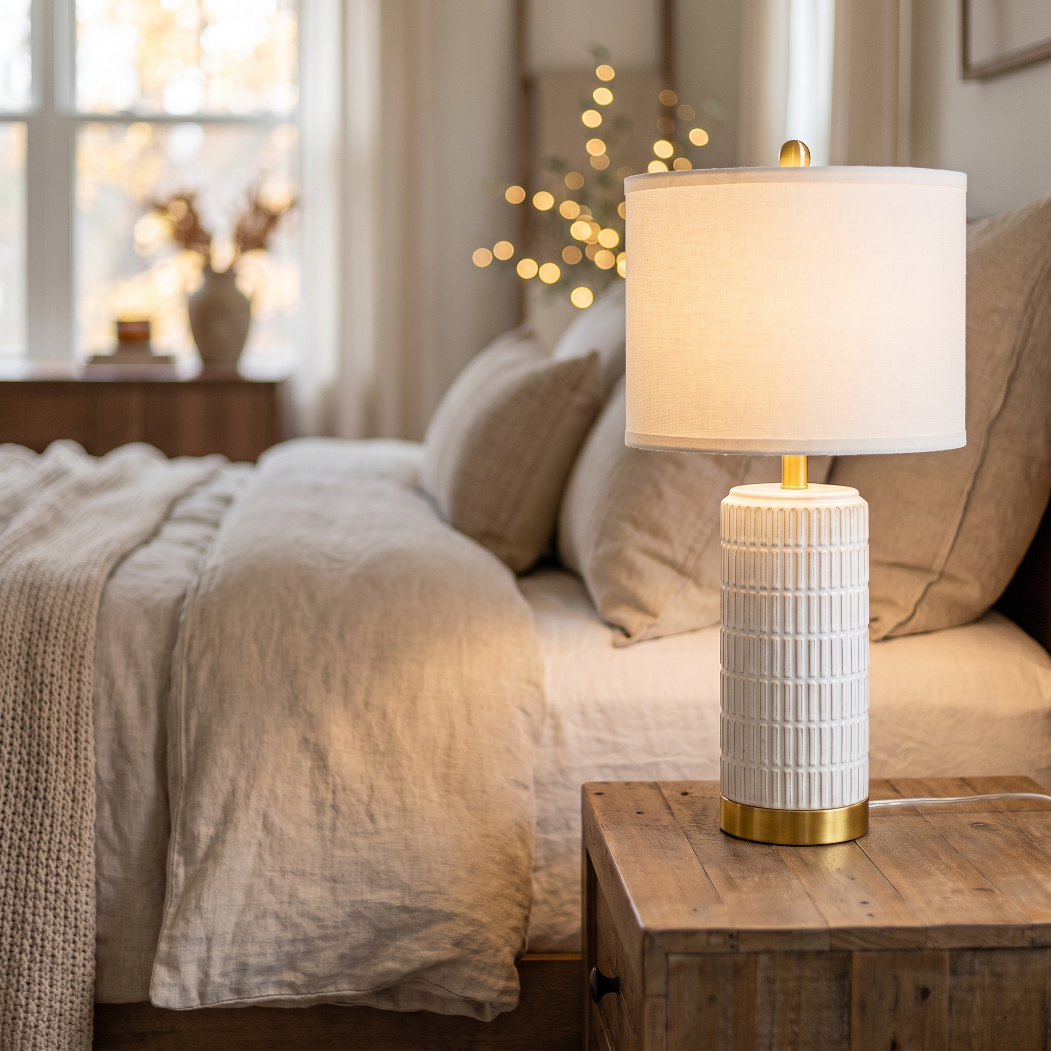 Ceramic gold-base table lamp on a nightstand