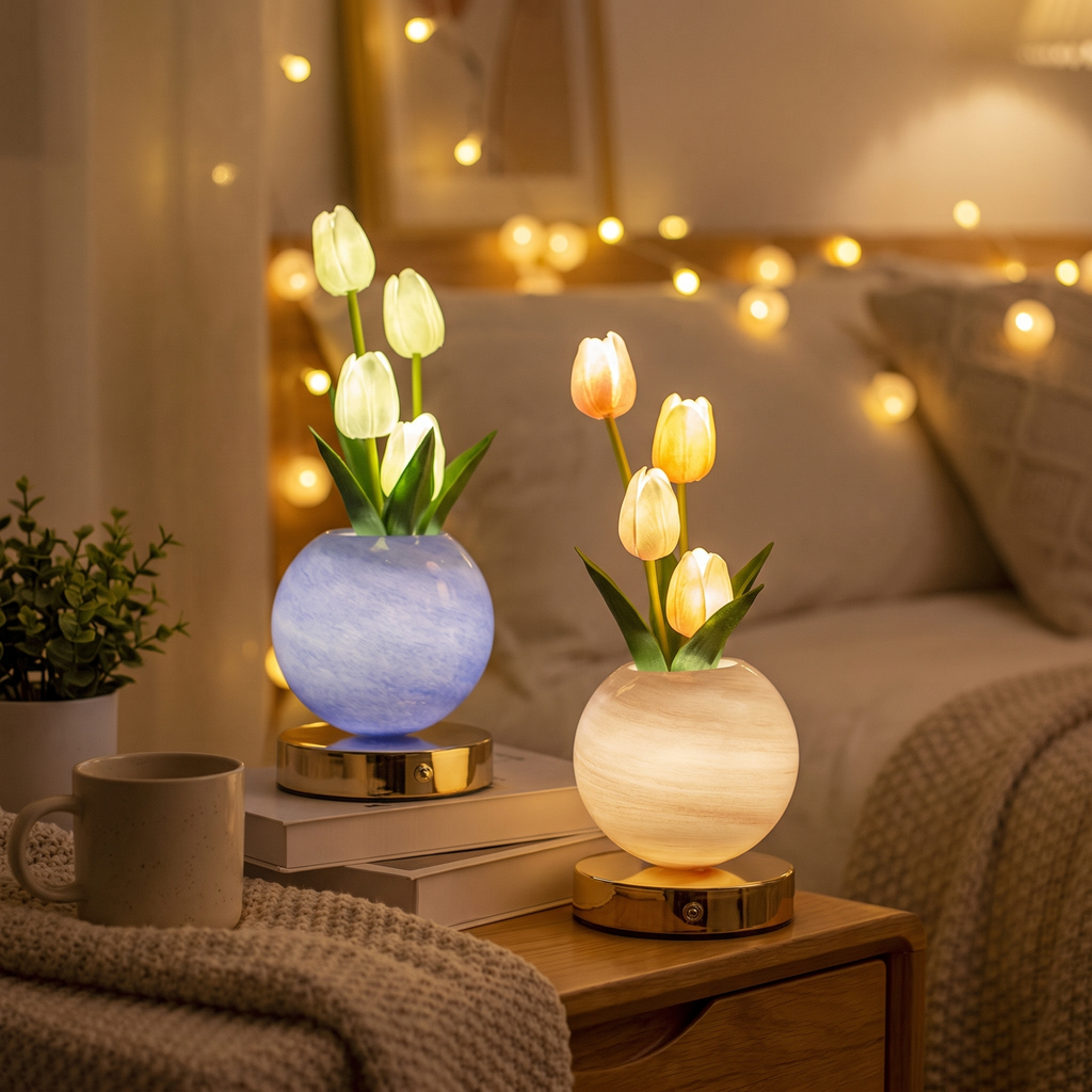Tulip bouquet LED night light on a desk