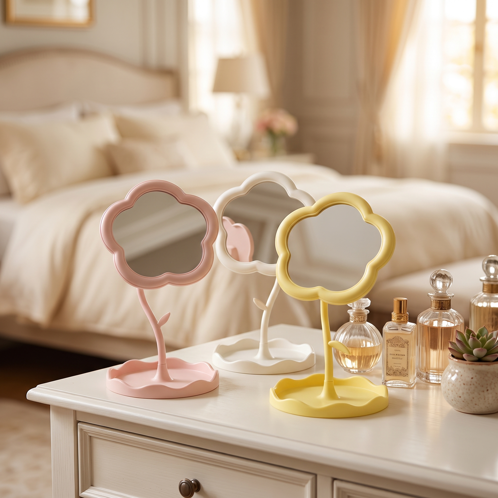 Floral vanity makeup mirror on a dressing table