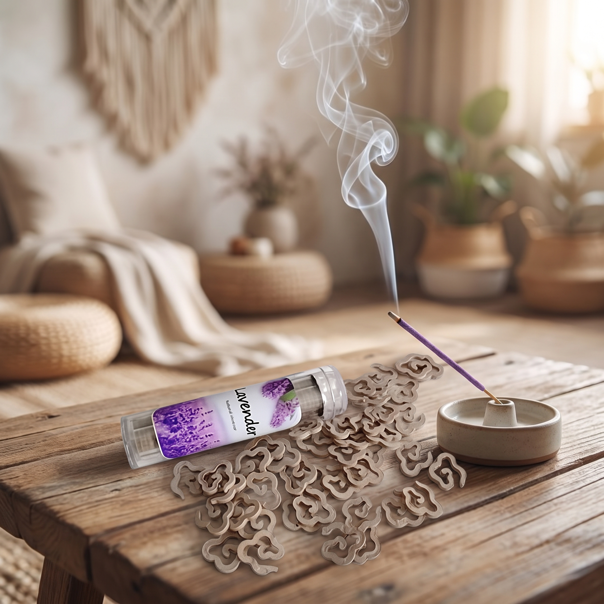 Lavender incense sticks burning in a meditation space