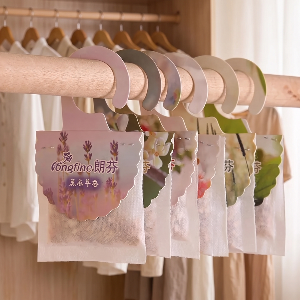 Hanging scented sachets in a wardrobe