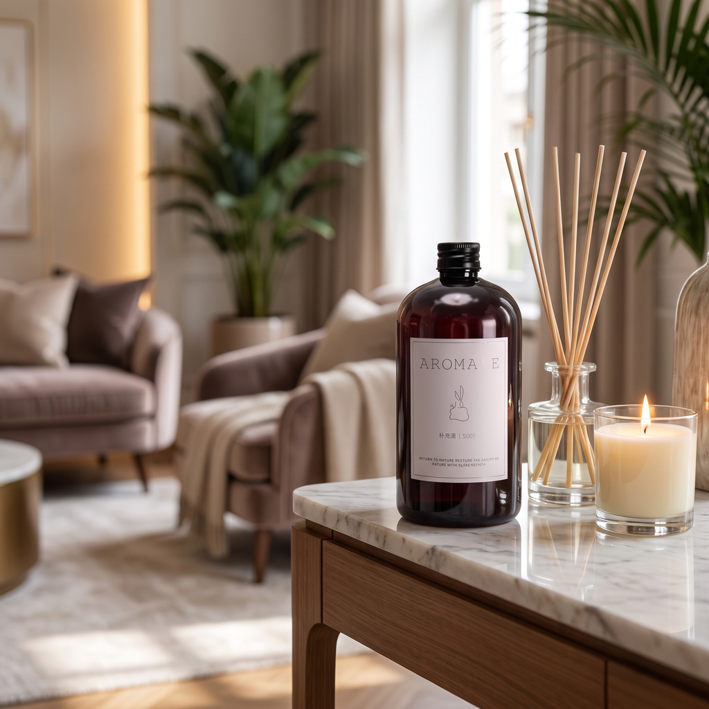 Reed diffuser refill oil bottle on a console shelf