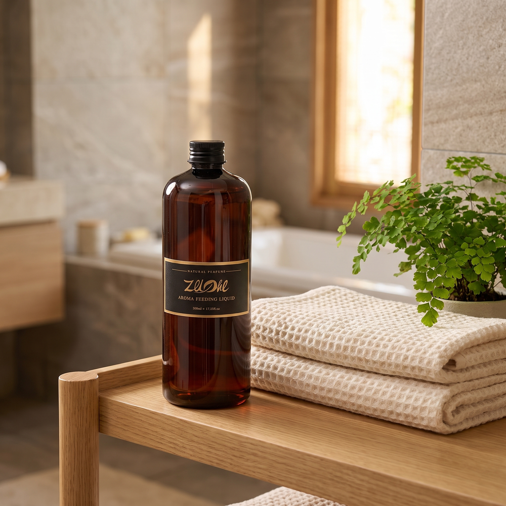 Hotel-series essential oil bottle on a shelf