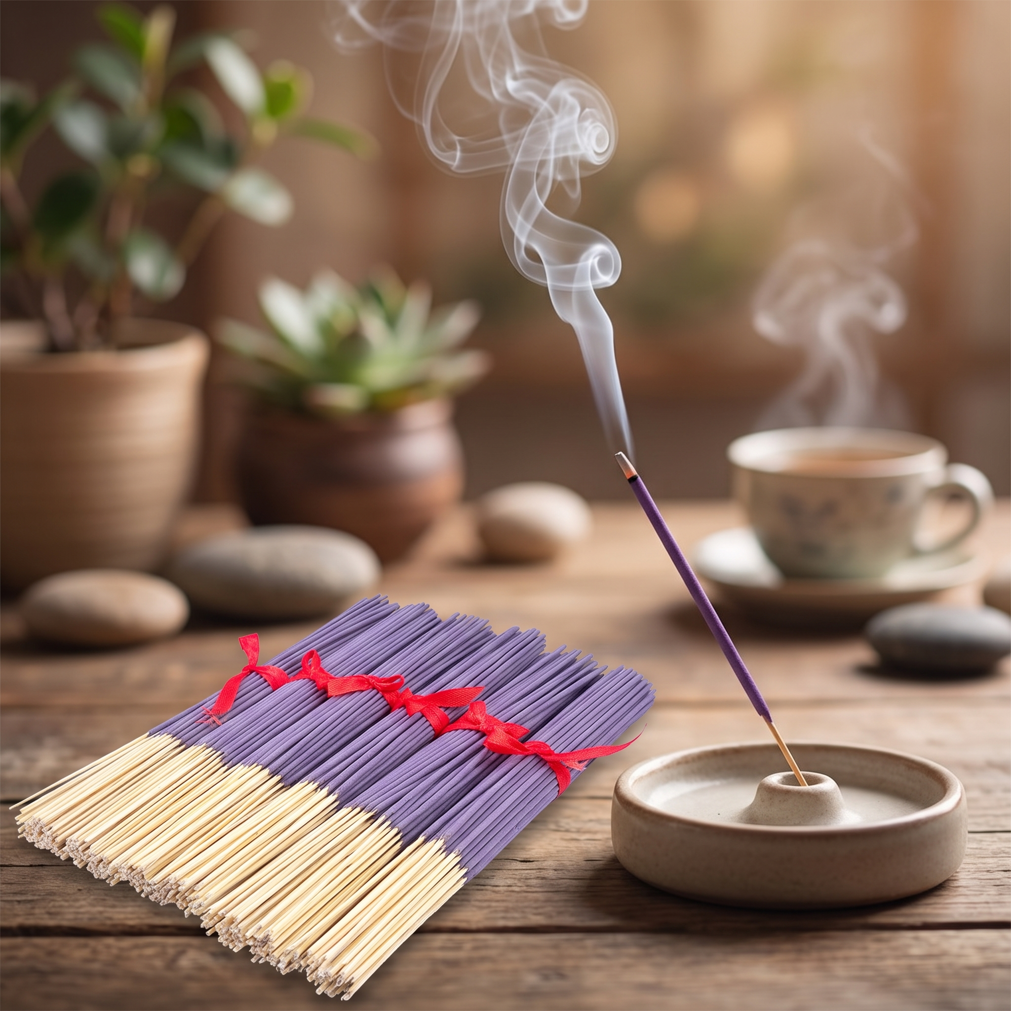 Wooden incense sticks burning in a zen home