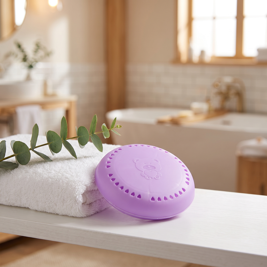 Solid gel air freshener on a bathroom shelf