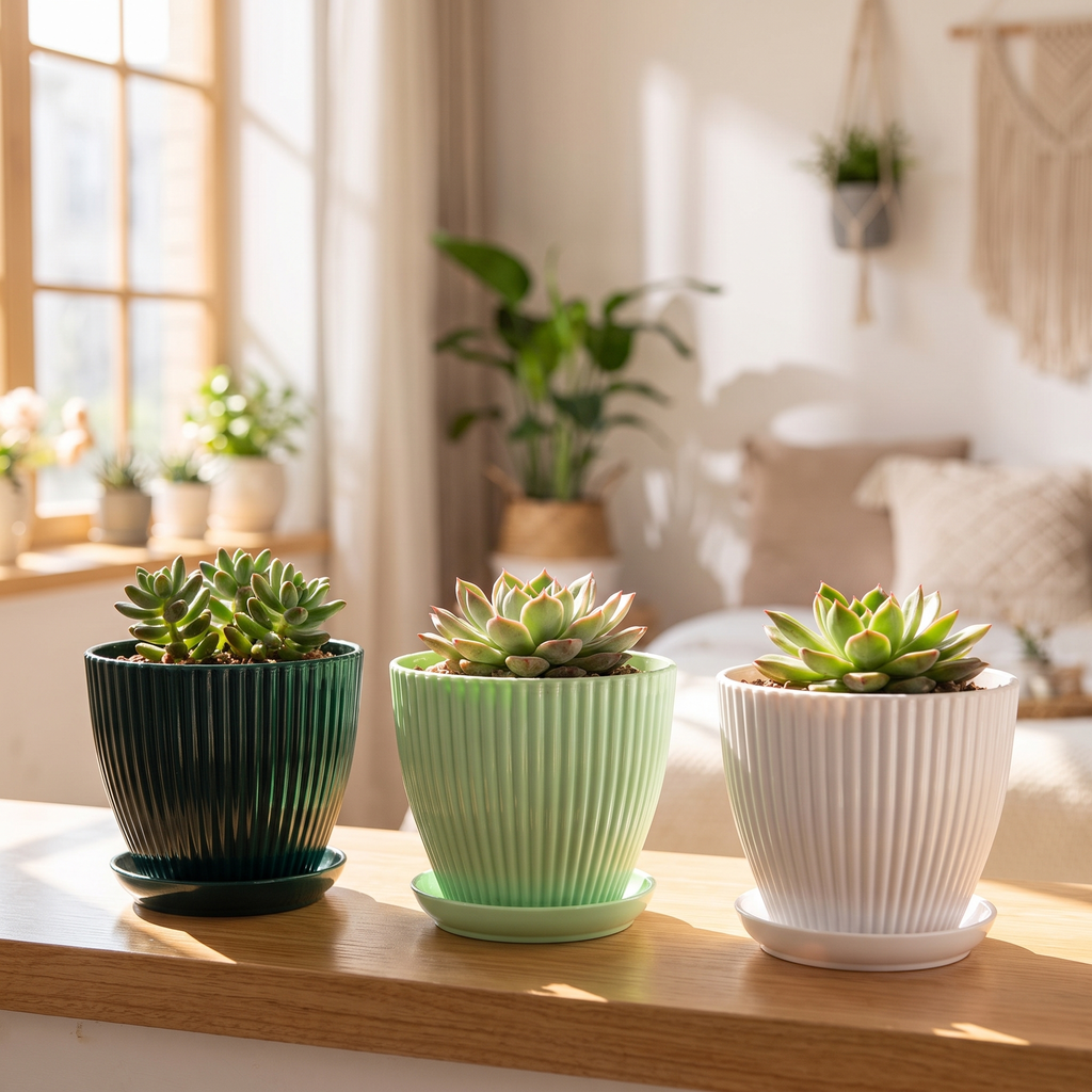 Succulent planter pots on a windowsill