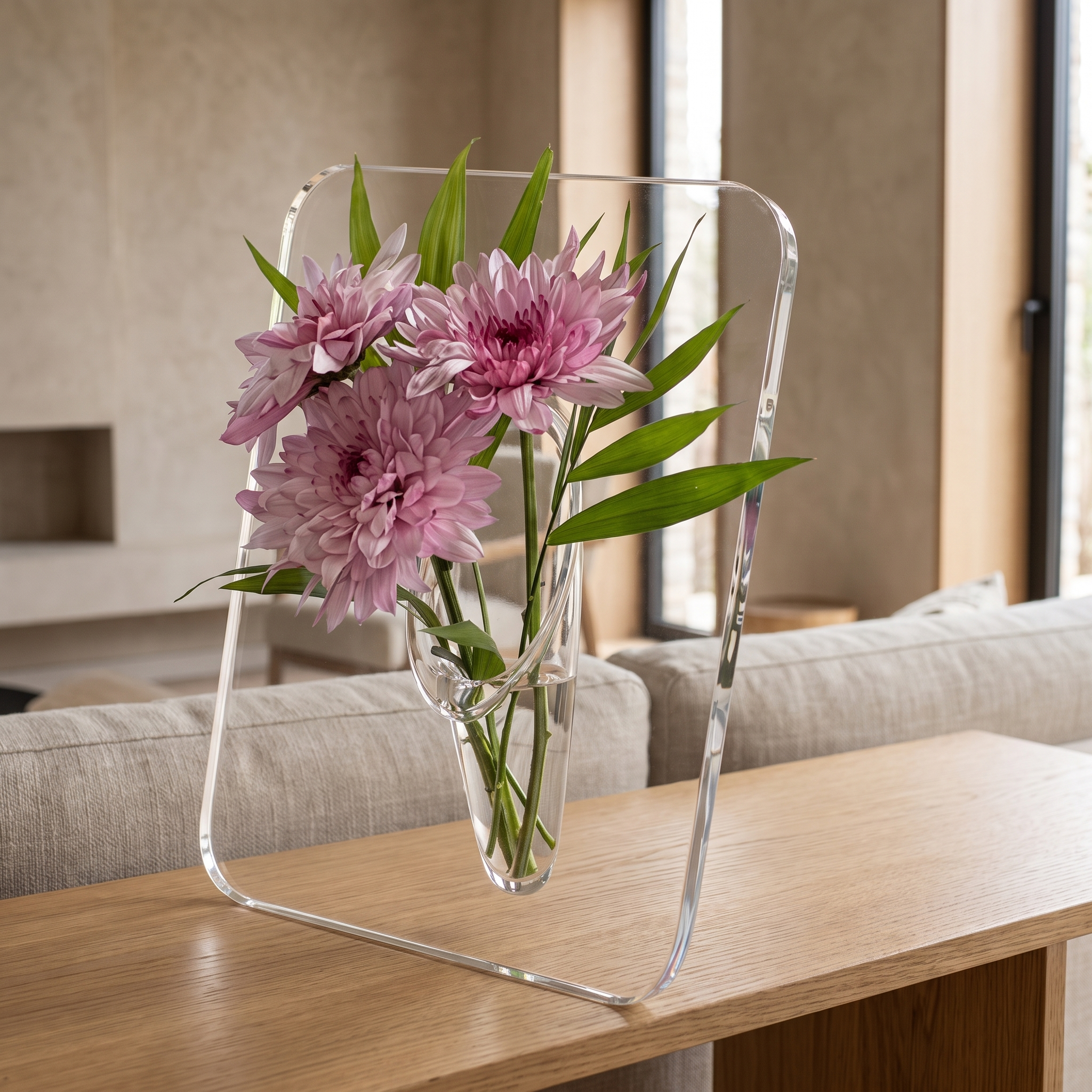 Acrylic frame vase with stems on a console table