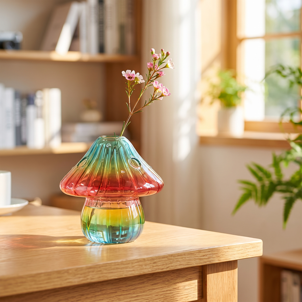 Mushroom glass bud vase on a shelf