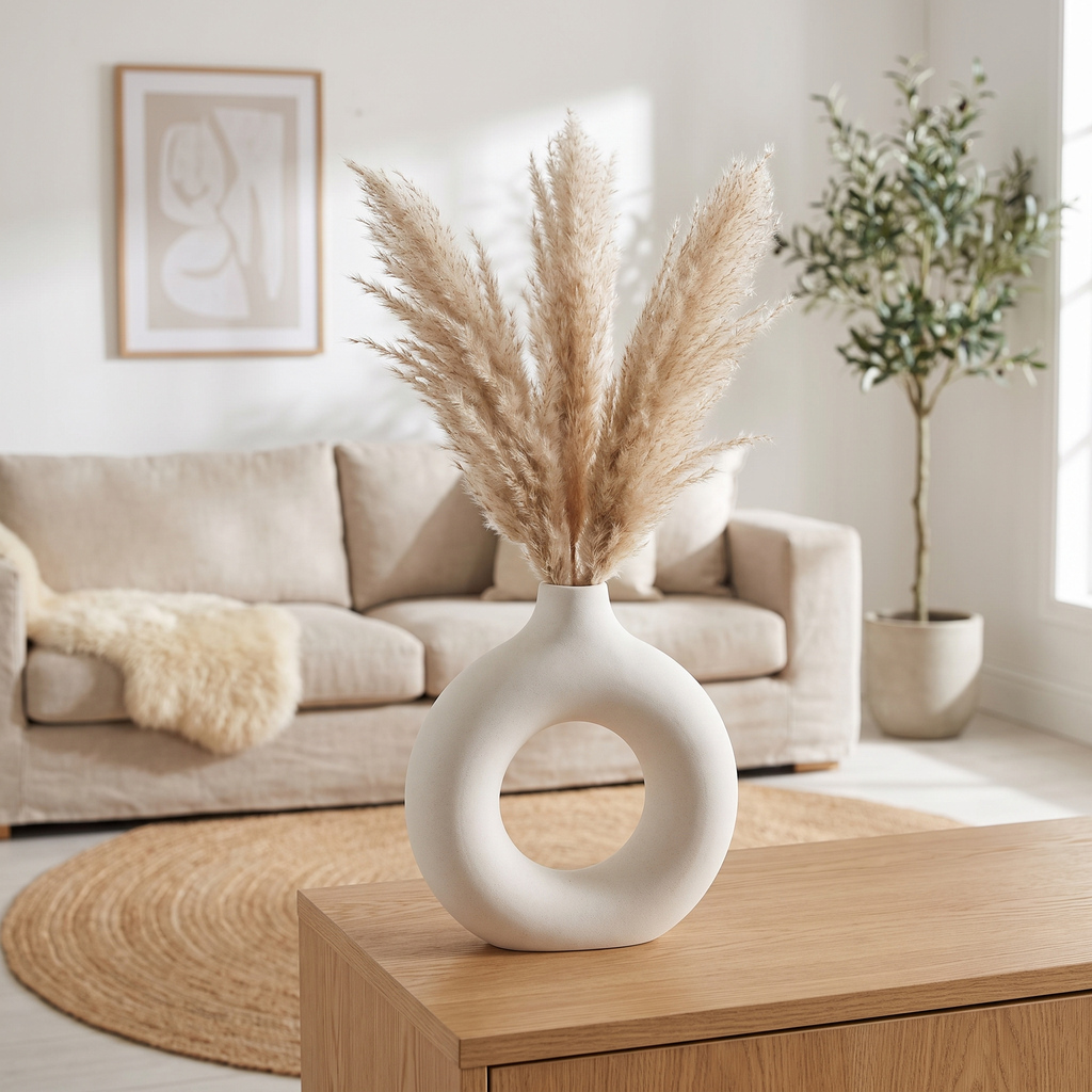 Nordic white bud vase on a console table