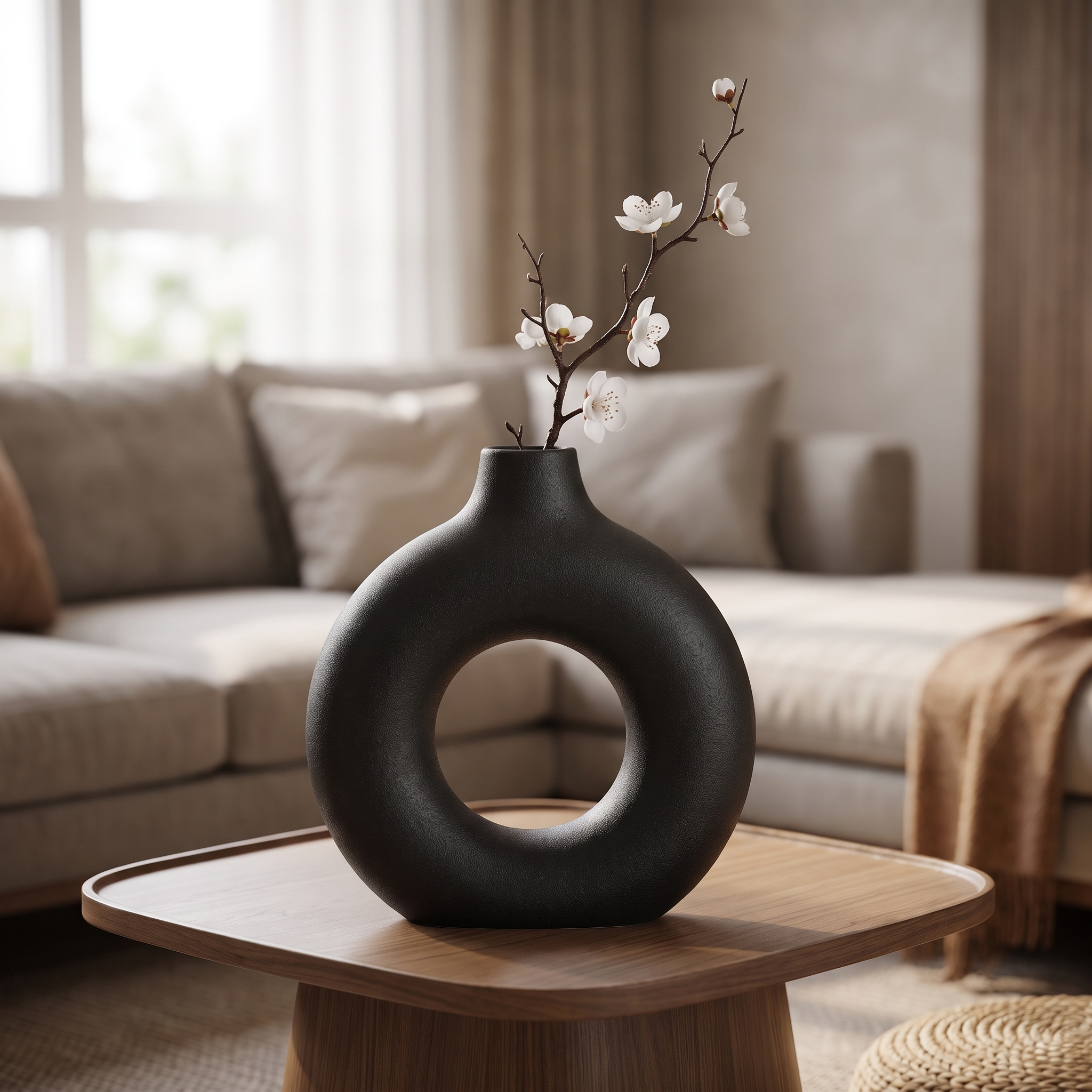 Minimalist donut vase with a flower on a coffee table