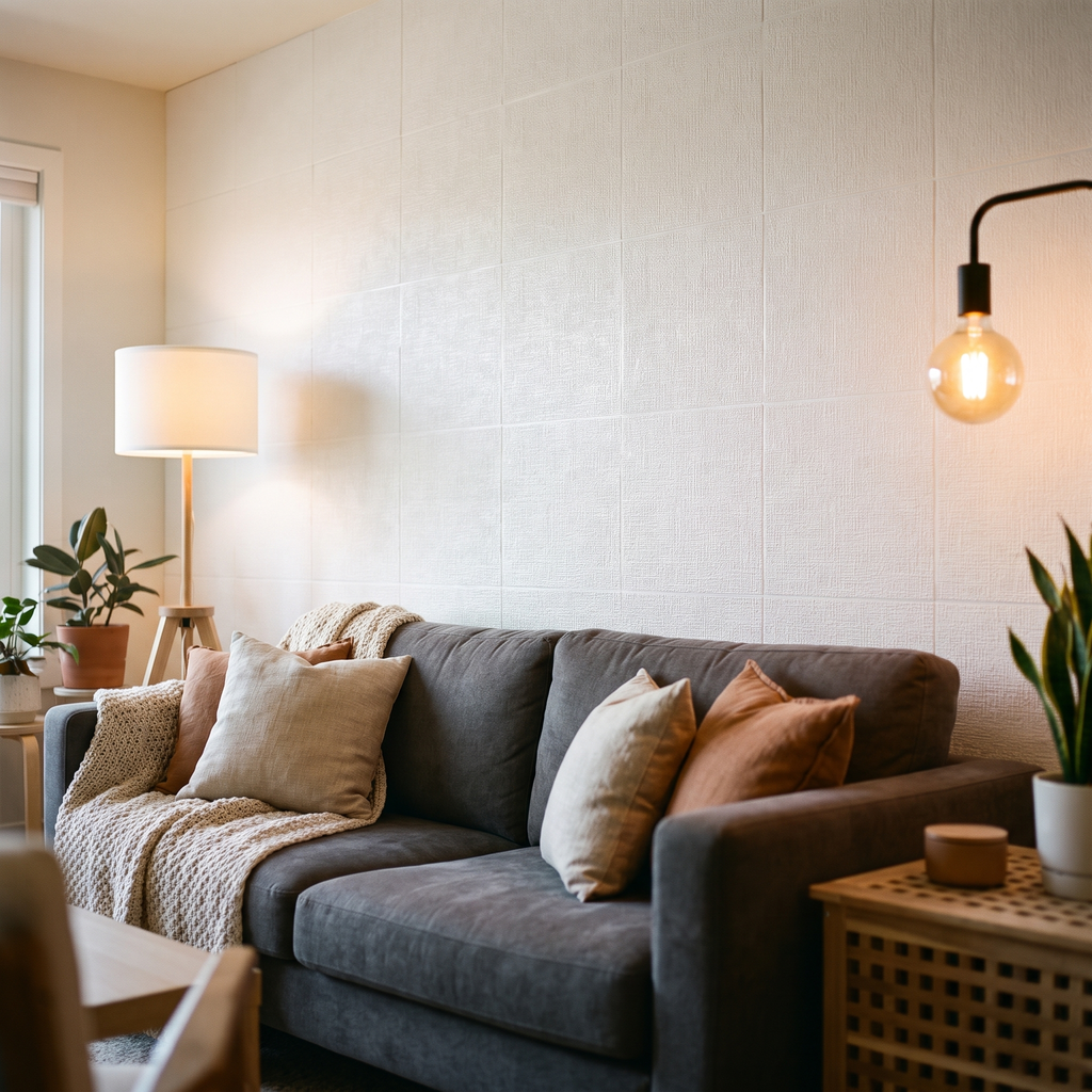 3D foam wall panels on a living room feature wall