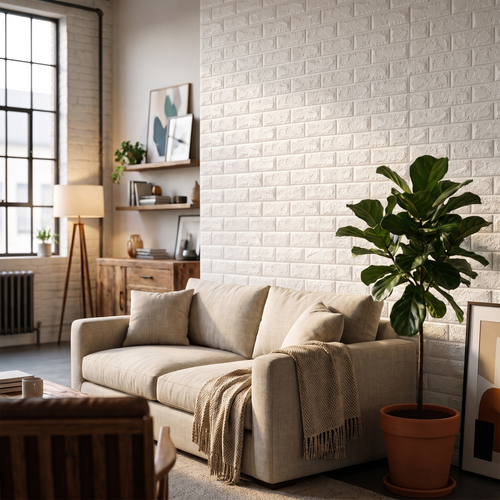 3D brick wallpaper on a living room accent wall