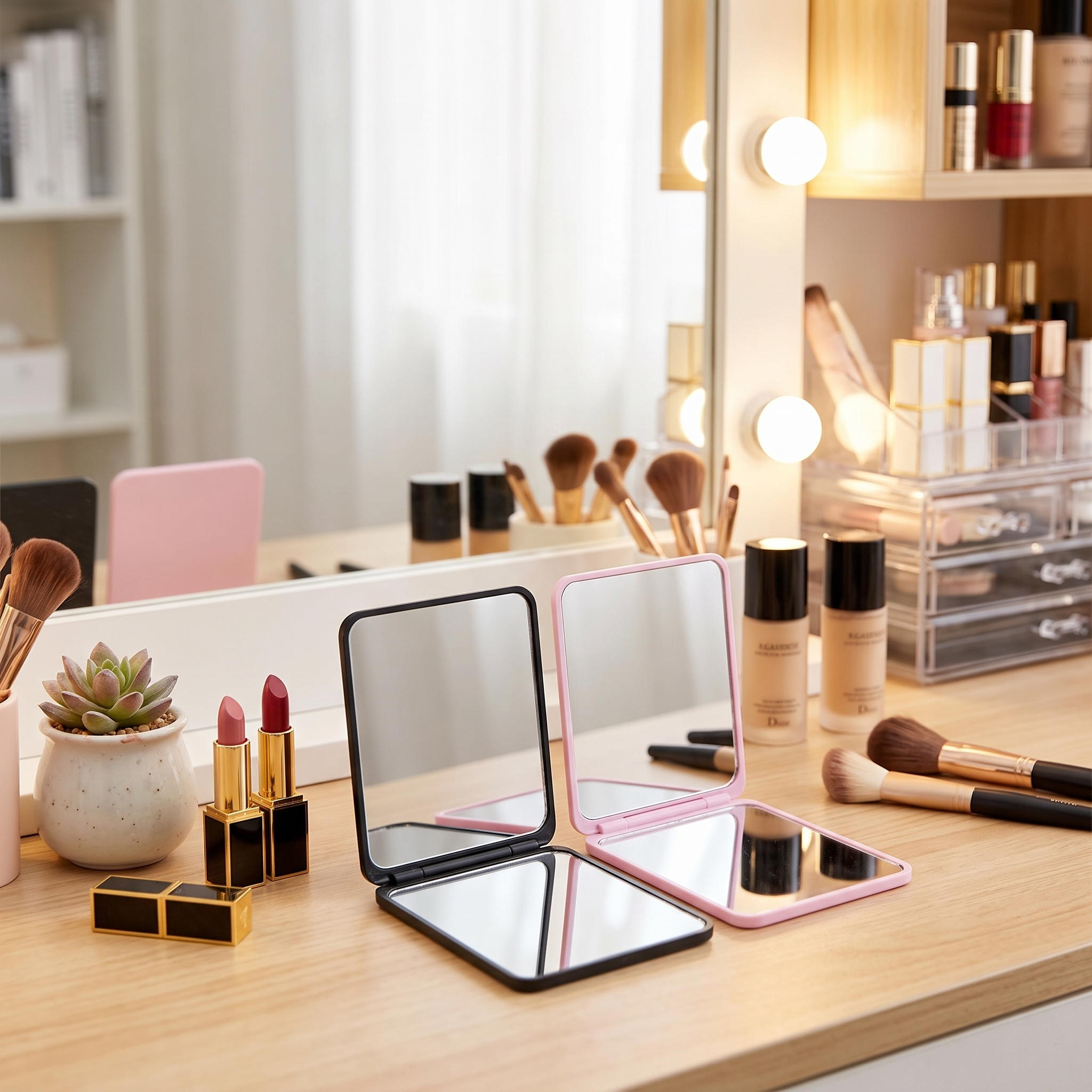Foldable double-sided makeup mirror on a desk