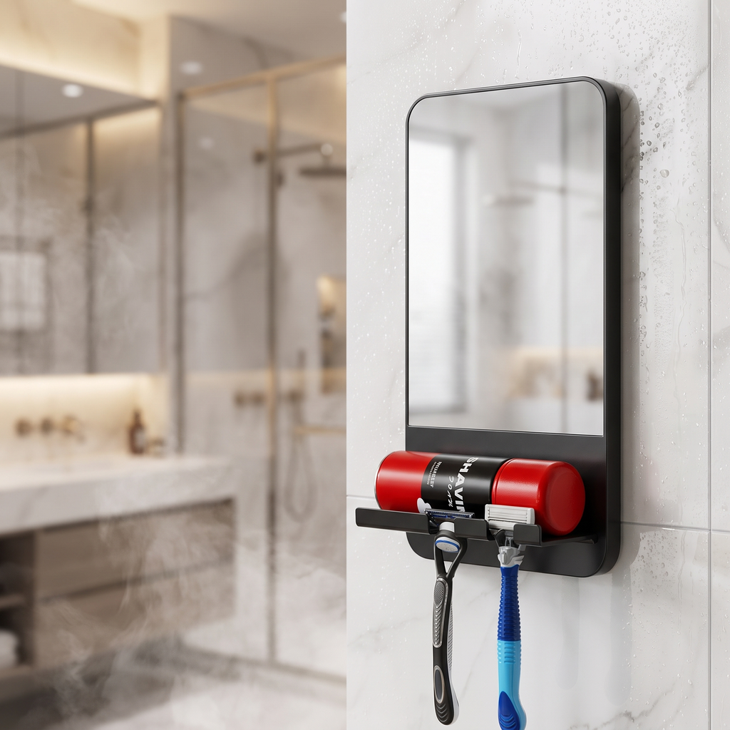 Fogless shower mirror on shower tiles