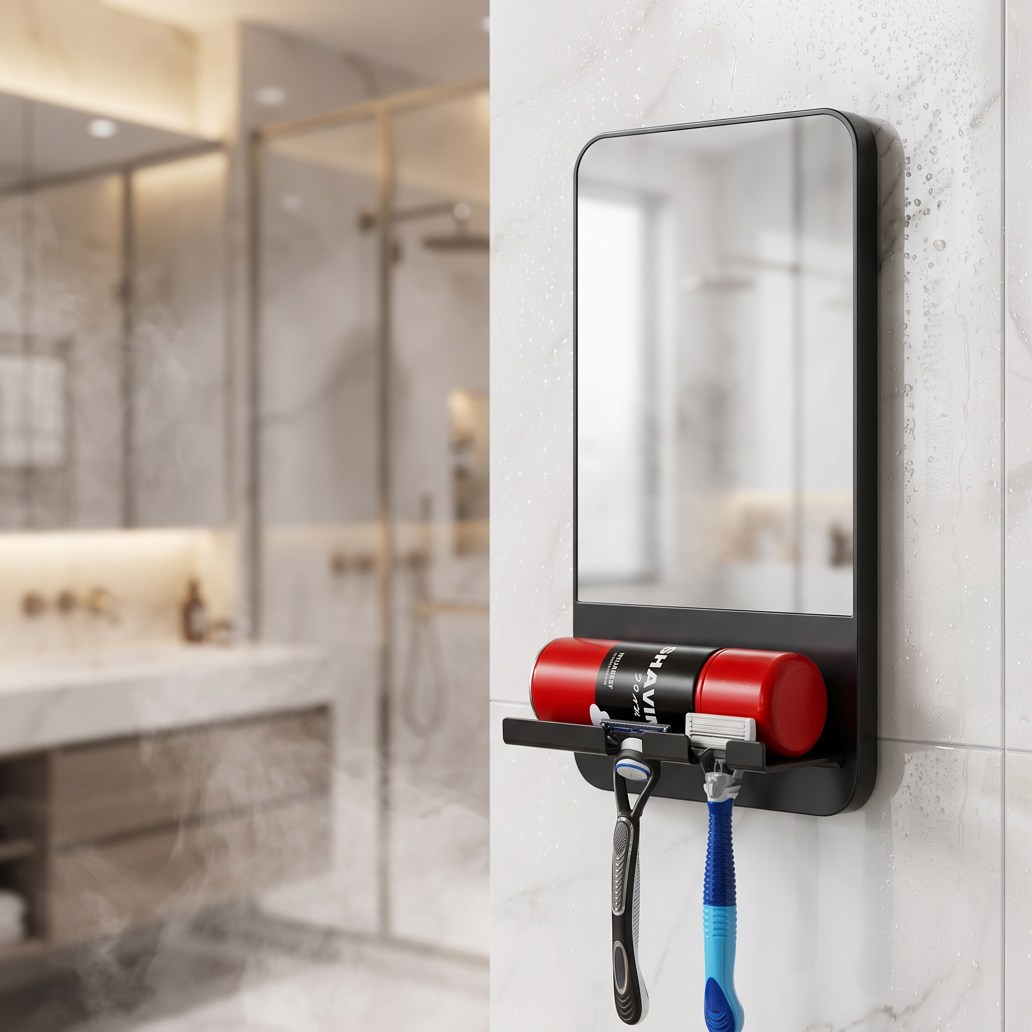 Fogless shower mirror on shower tiles