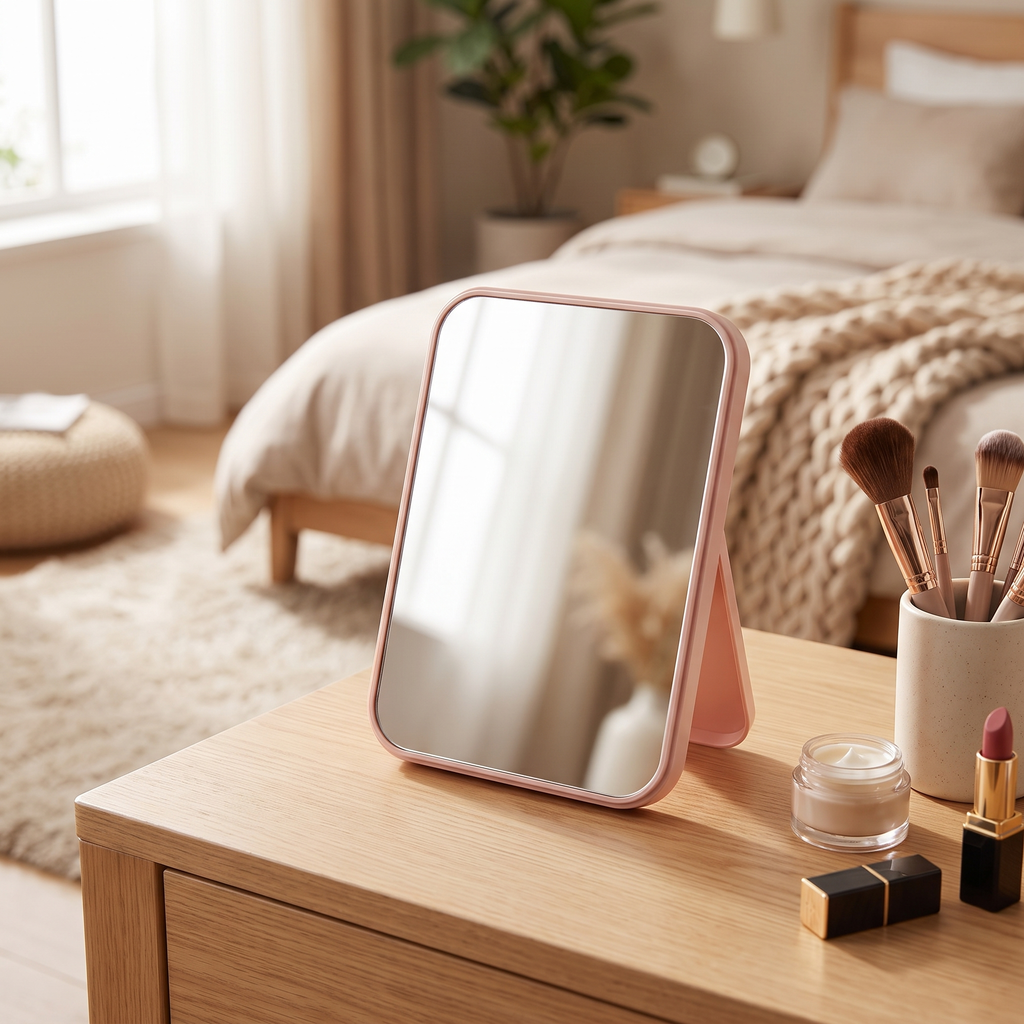 Folding square cosmetic mirror on a desk