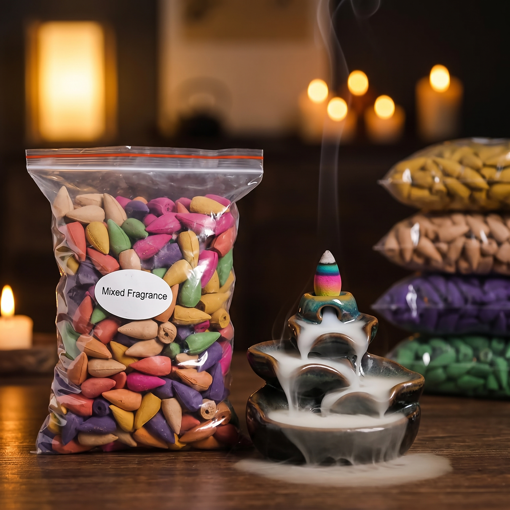 Backflow incense cones with cascading smoke