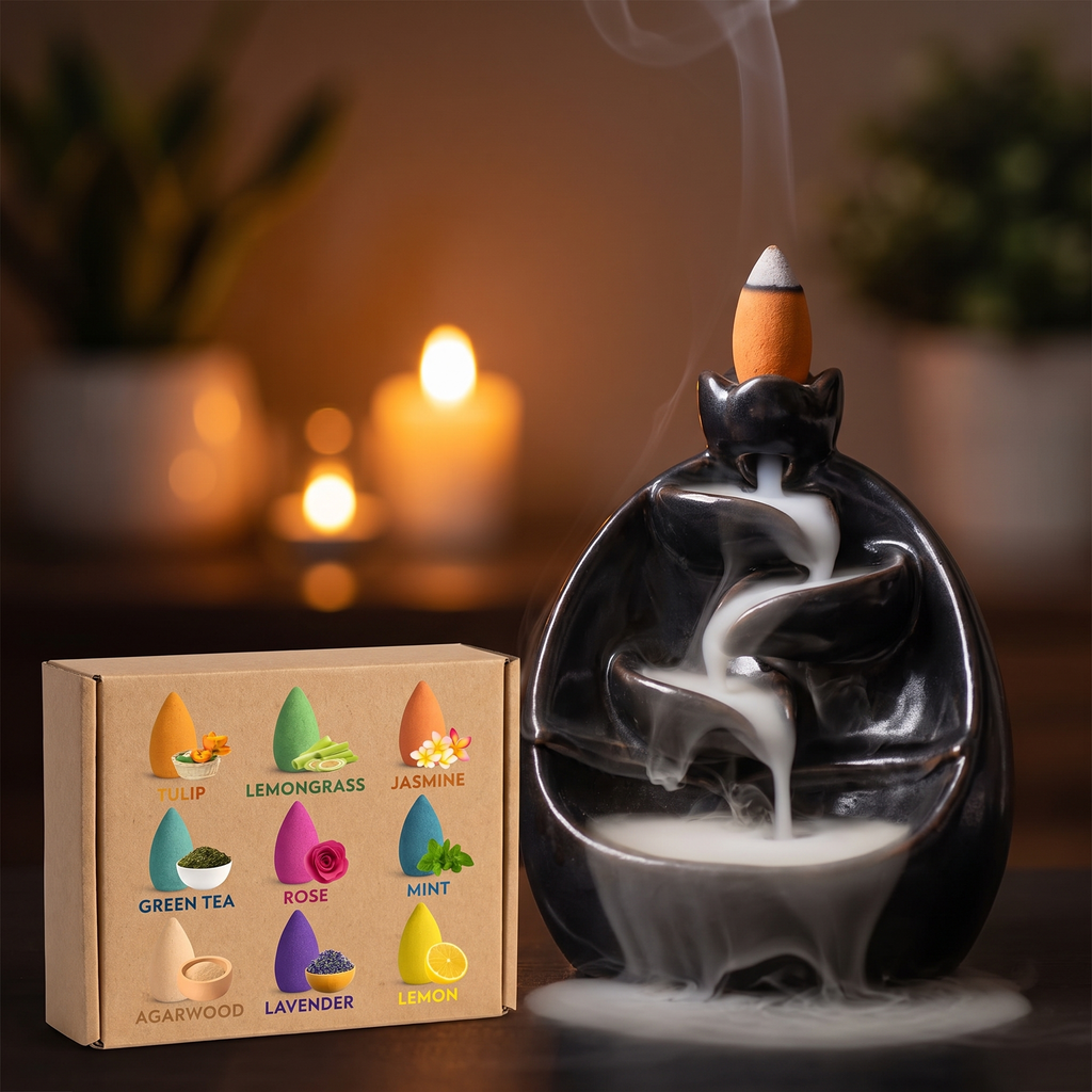 Colorful backflow incense cones with waterfall smoke